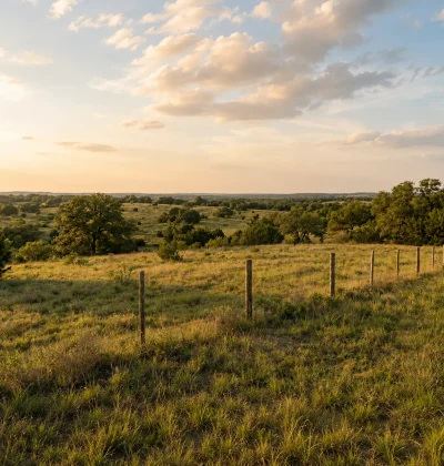 Golden-hour view of fenced rural acreage with rolling grassland, scattered trees, and open countryside.