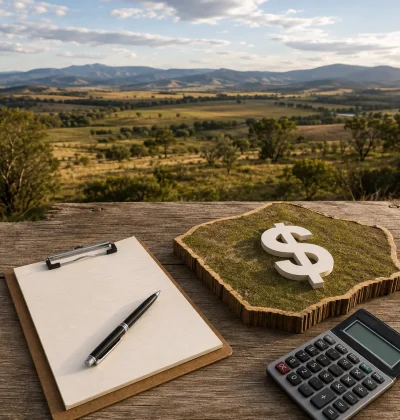 Rural land with a calculator, valuation notes and a land parcel model, representing how the cost of an acre varies by land type and region in 2026.