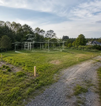 Vacant residential lot with marked boundaries and a house plan visualization, representing the process of buying land before building a home.