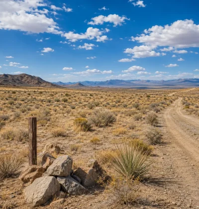 Dry vacant land with a dirt access road, survey marker and open desert terrain, representing what buyers should evaluate before purchasing raw land.
