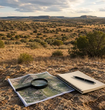 Vacant land viewed with an aerial property map, magnifying glass and notes, representing how buyers can find and evaluate owner-financed land opportunities.