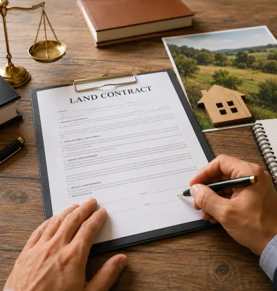 Person preparing to sign a land contract beside legal books, a gavel, scales of justice and a rural property photo.