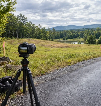 Vacant land being professionally photographed with a camera on a tripod, representing how strong property presentation helps attract serious buyers to a land listing.