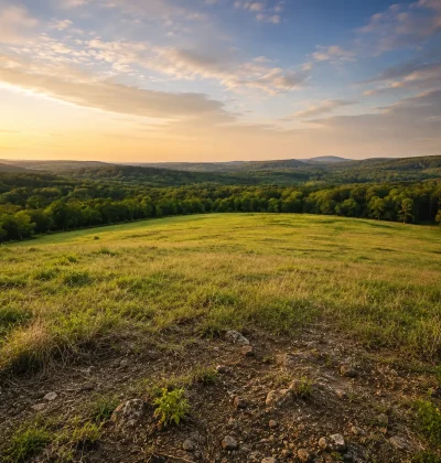 Open rural acreage with rolling fields and forested hills at sunset, representing the long-term potential and considerations of buying land as an investment.