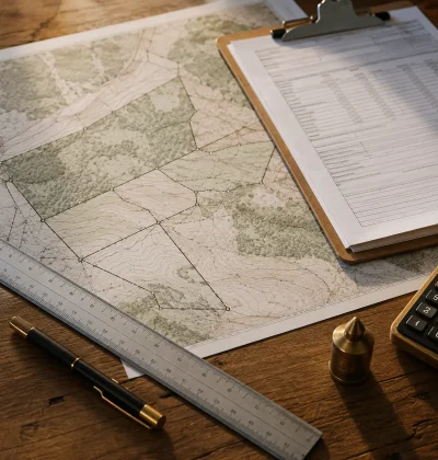 Land appraisal workspace with a parcel survey map, valuation documents, measuring ruler, pen and professional surveying tools.