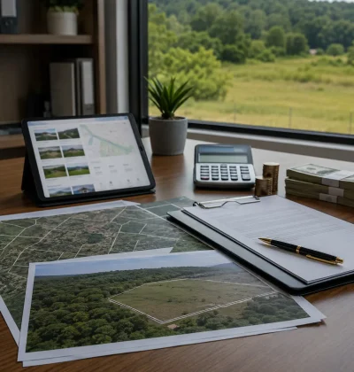 Desk with land maps, property listings, a calculator, and cash, representing alternative land-selling platforms where sellers keep more of their money.