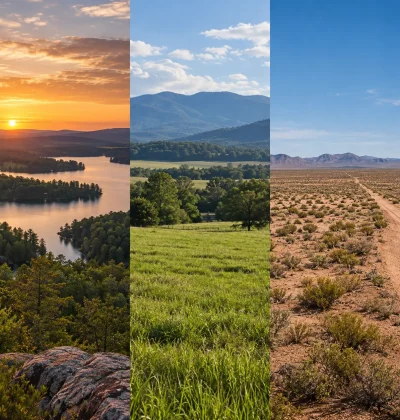 Three contrasting land types shown side by side, representing a comparison of Land.com, LandWatch, and RawLand AI for pricing, ownership, and selling land in 2026.