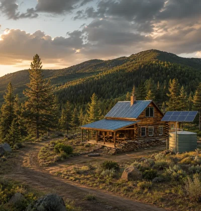 Remote off-grid cabin on wooded mountain acreage with solar panels, water storage and rough access, representing key features to evaluate before buying off-grid land.
