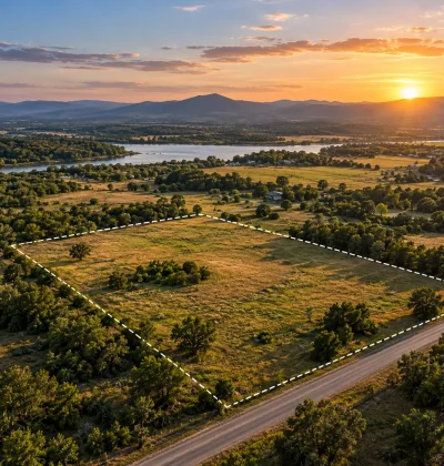 Aerial view of a clearly outlined rural land parcel with road access, trees, open acreage, and nearby water, representing how RawLand AI evaluates property features to estimate land value.