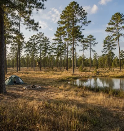Recreational pine land with a campsite, pond, and hunting stand, representing the value of acreage used for hunting, fishing, and camping.