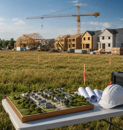 land in front of an active housing development with a site model, blueprints and a hard hat, representing how developers evaluate and buy land.