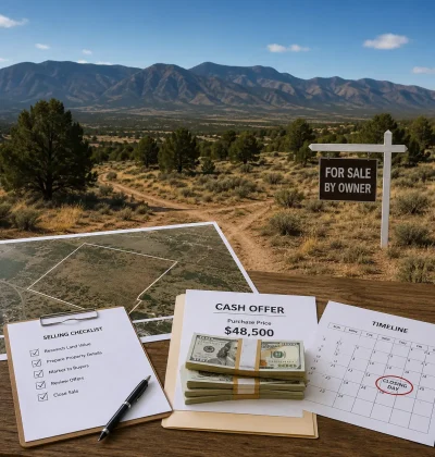 Vacant land parcel with sale documents, a property map and cash offer paperwork representing the process of selling raw land for cash.