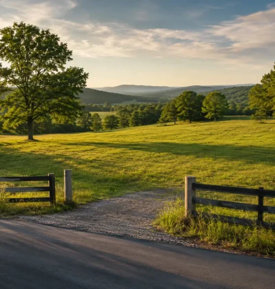 Scenic vacant land in Tennessee with rolling green hills, mature trees, roadside access and rural fencing, representing land sellers preparing to market property in the state.