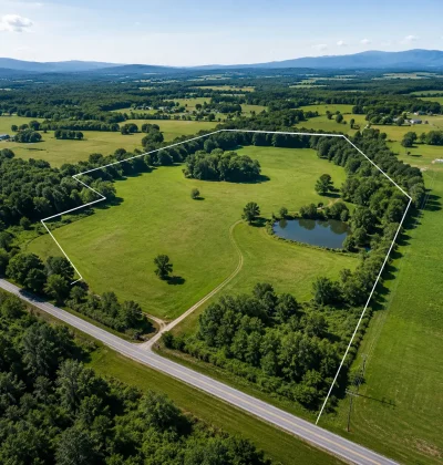 Aerial view of a vacant land parcel with road access, open usable acreage, trees, water, and nearby utilities, showing key features buyers should evaluate before purchasing land.