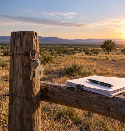 Vacant land with property keys and sale documents on a fence, representing why land sellers use owner financing to attract buyers and structure better deal terms.